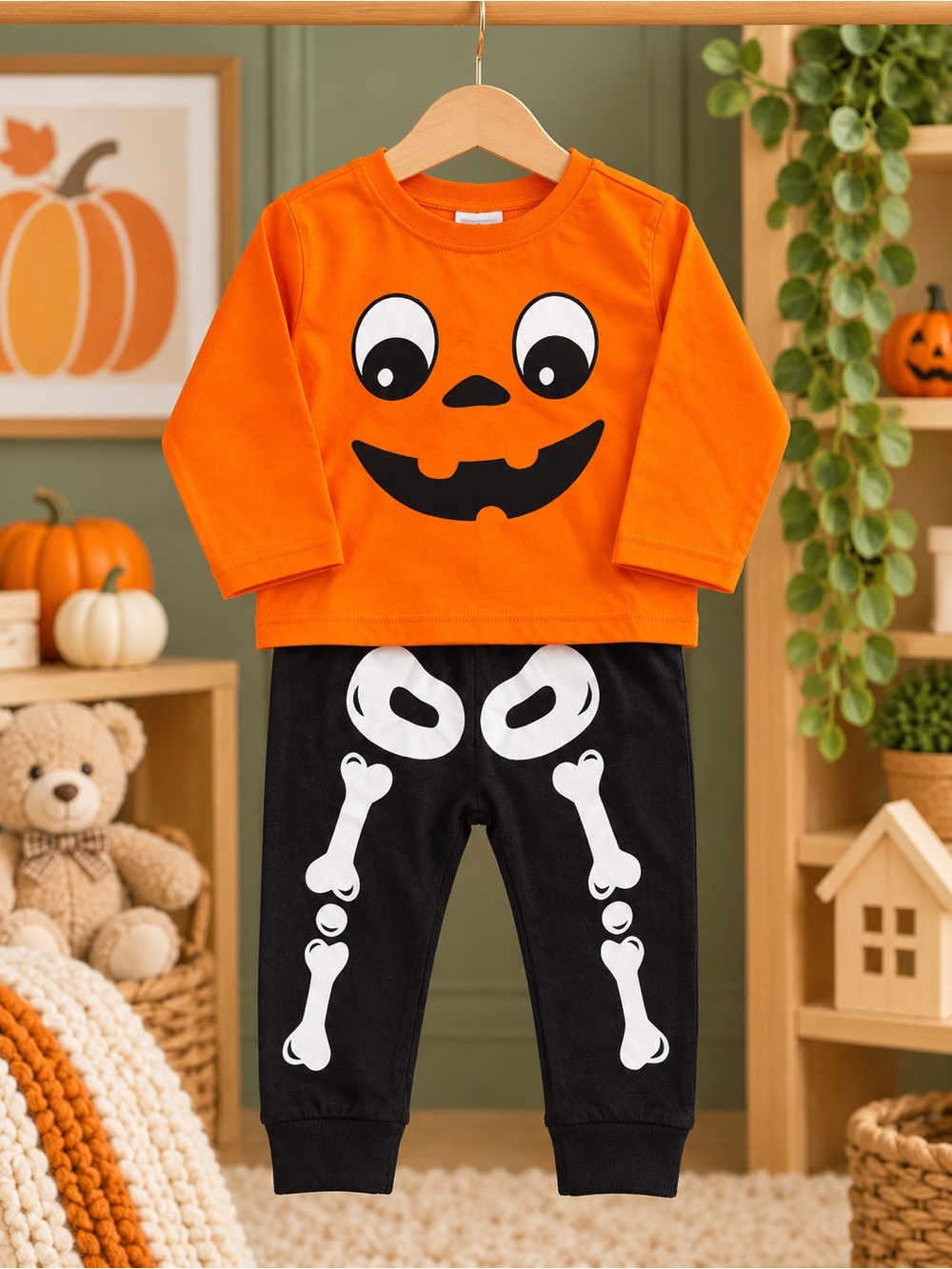 H&M Baby Halloween Pumpkin Face Skeleton Pants 2-Piece Outfit 9M